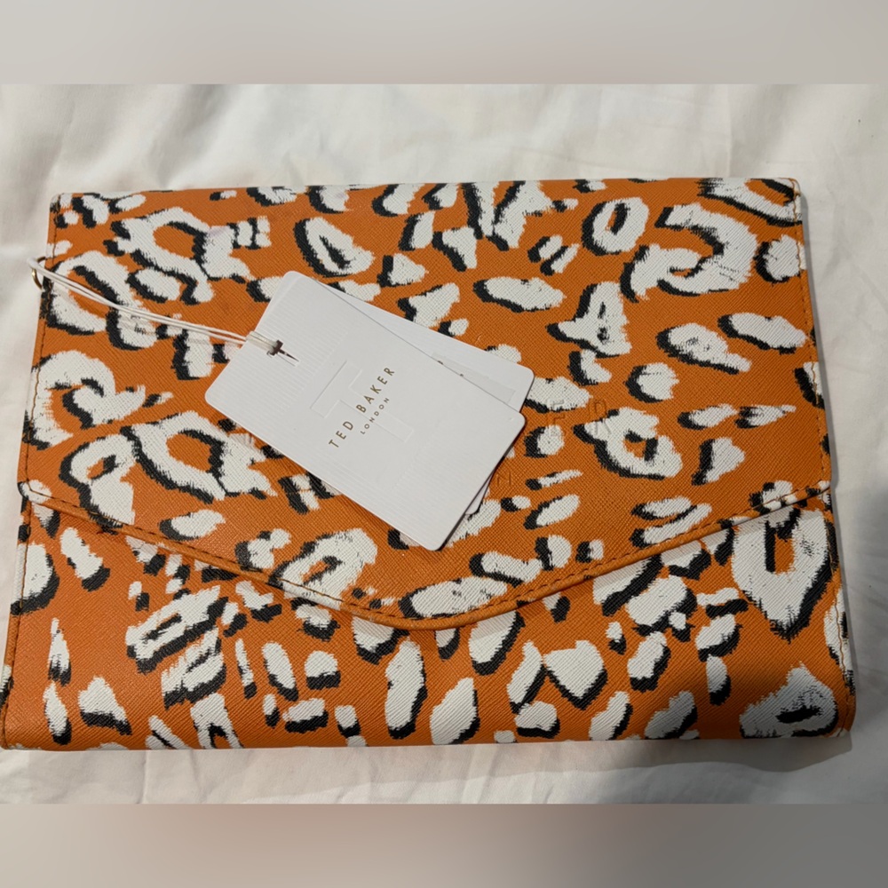 Ted Baker Orange and White Leopard-Print Foldover Clutch